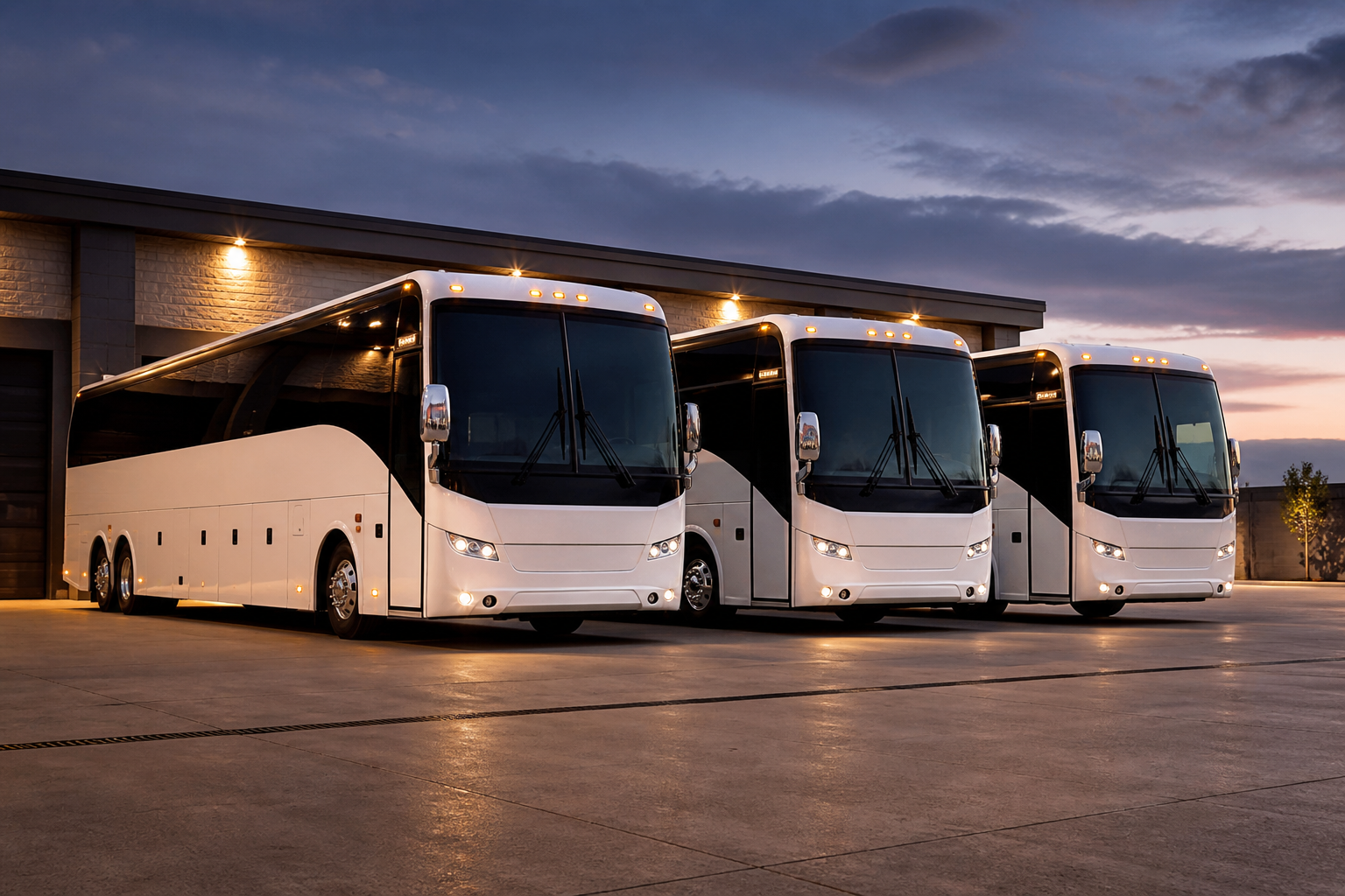 Three white luxury motorcoaches parked at a depot at dusk with headlights on