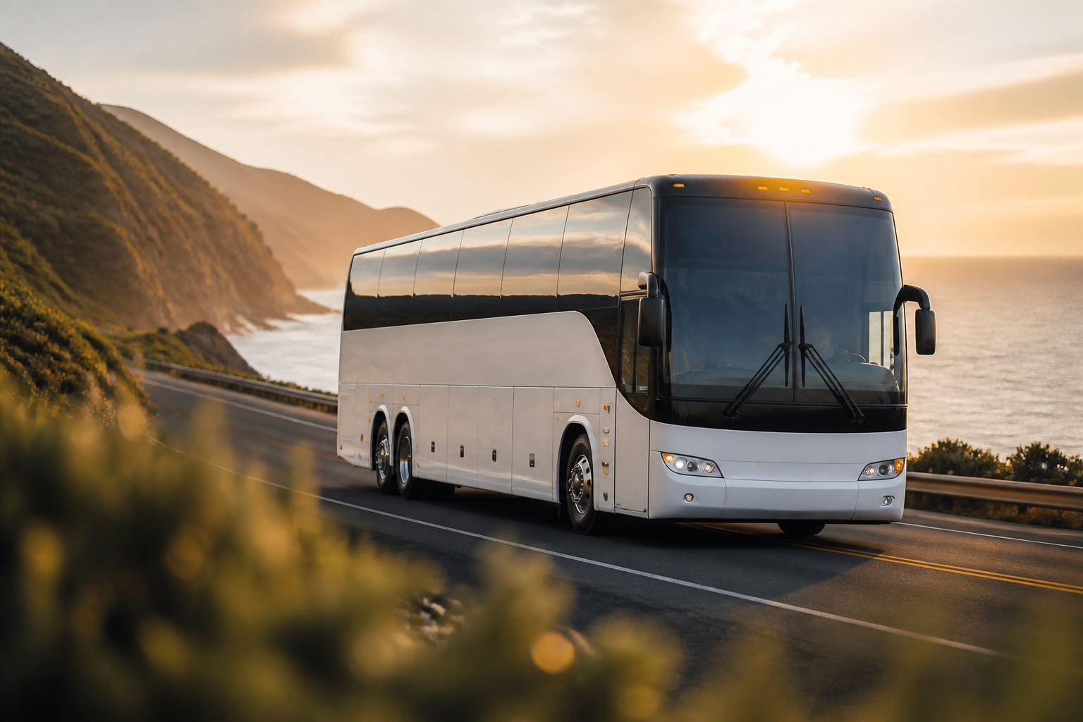 White-and-black motorcoach on a coastal highway at golden hour