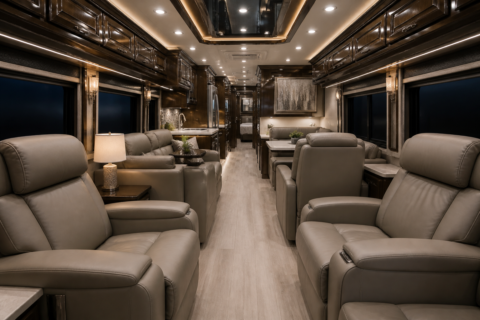 Luxury executive coach interior with leather seating, wood cabinetry, and a galley