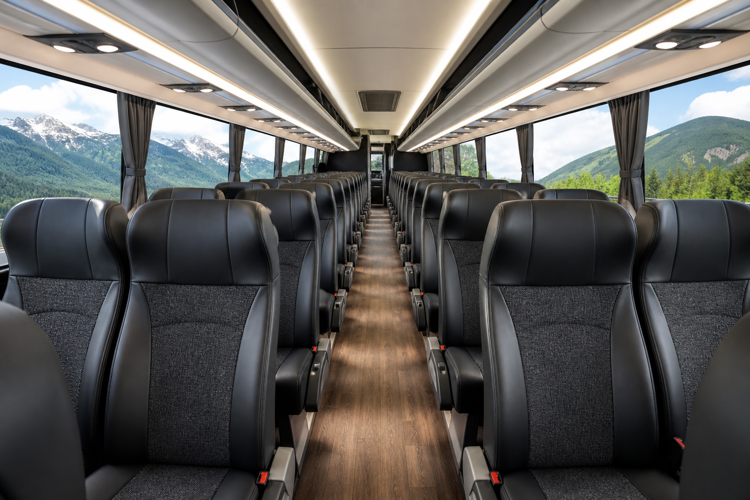 Motorcoach passenger cabin looking down the center aisle between reclining seats