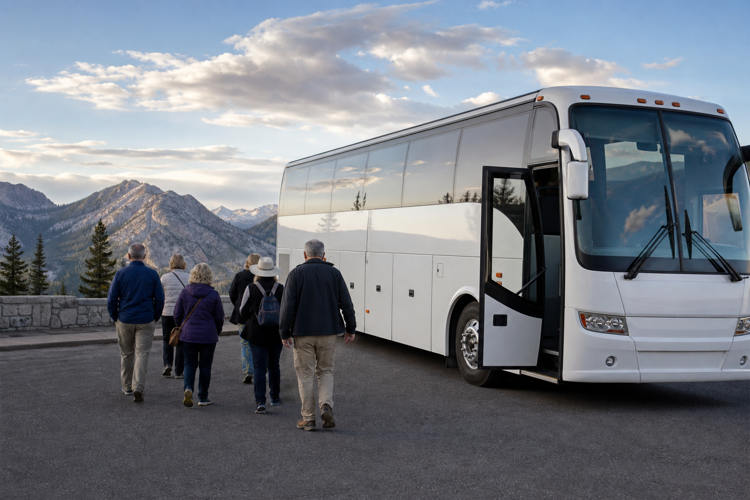 Travel group boarding a motorcoach at a mountain overlook, photographed from behind