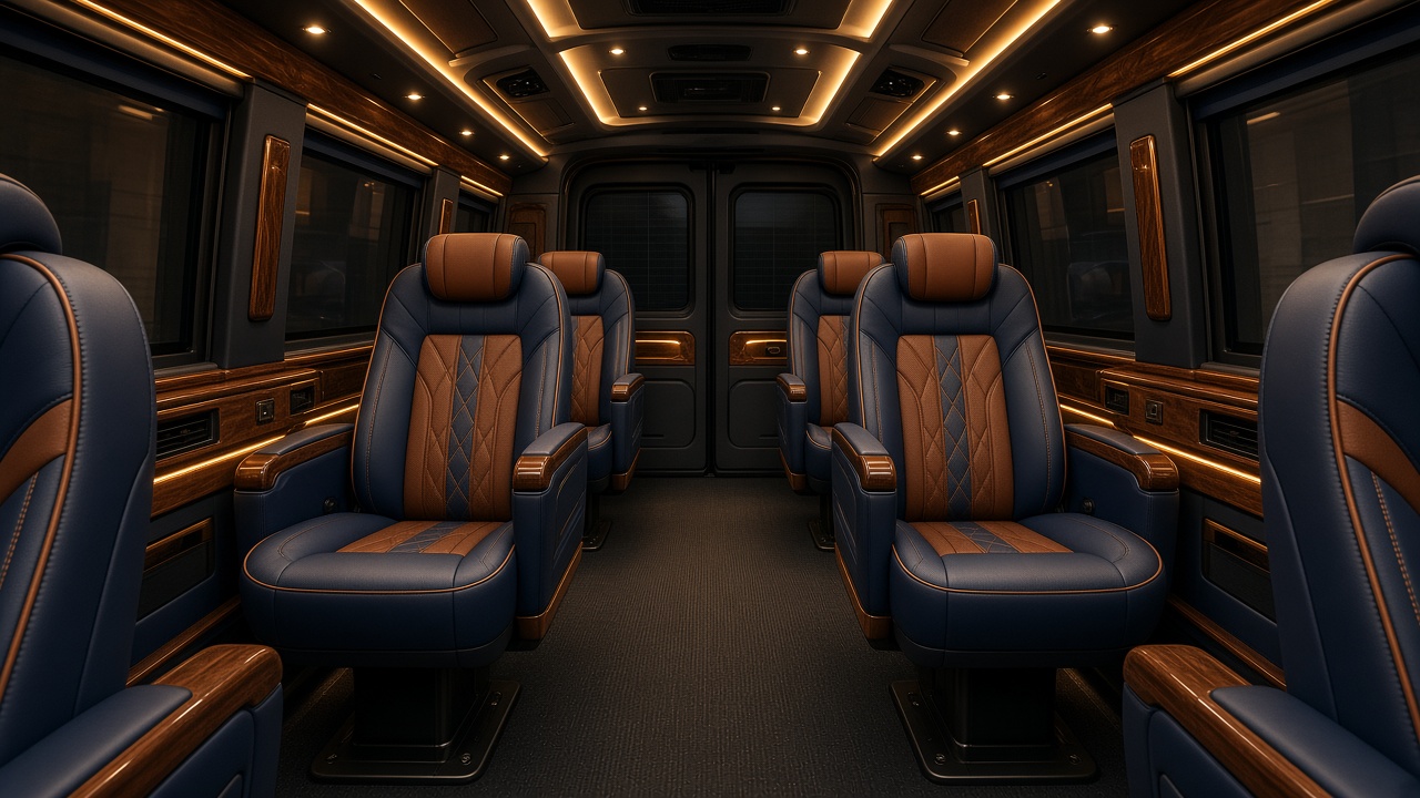 Luxury transit van interior with captain chairs, leather, wood trim, and ambient lighting, looking toward the rear