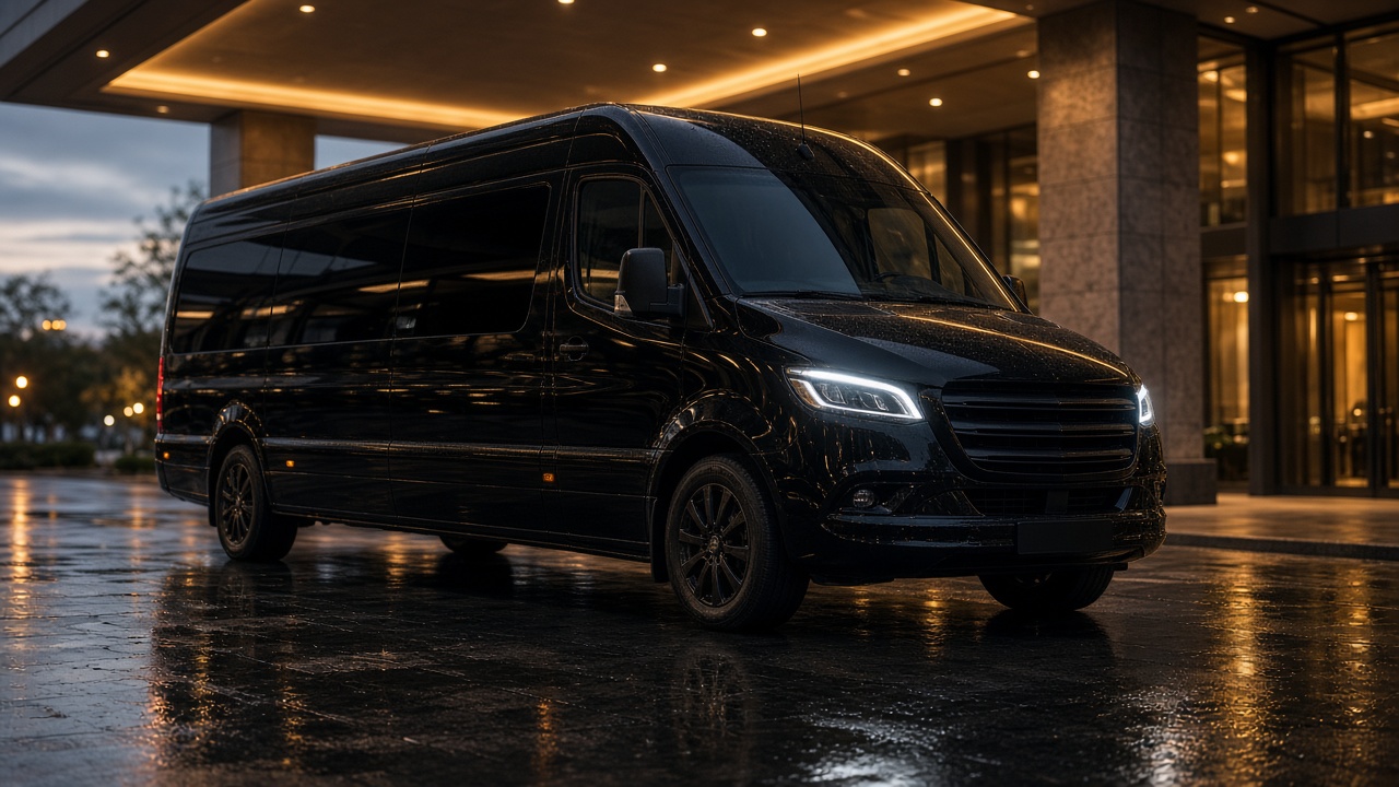 Luxury black long-wheelbase transit van at a hotel porte-cochère at dusk